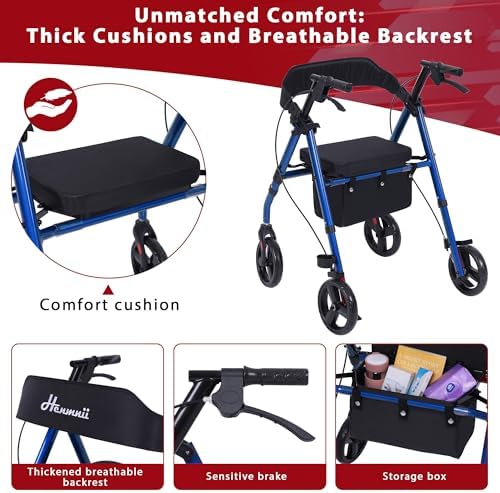 Walker for Seniors, Lightweight Rollator Walker with seat, Foldable Rolling Walker with 8 inch All Terrain Rubber Wheels, Ergonomic Adjustable Handles and Backrest for Seniors and Adult.