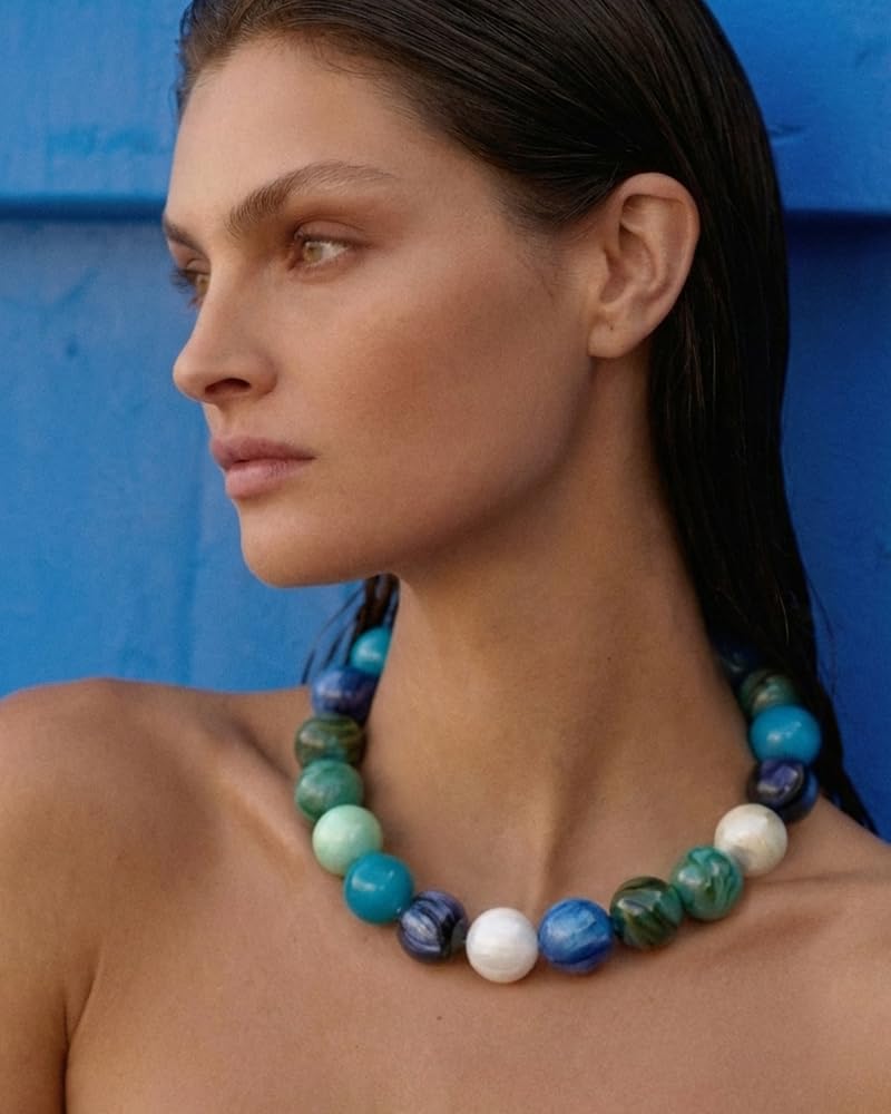 FAUTHENTICUTE Blue Beaded Choker Necklace for Women Boho Chunky Statement Necklace with Blue and Green Round Resin Beads Summer Beach Jewelry Gifts