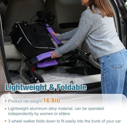 3 Wheel Rollator Walker, Walkers for Seniors, Rollator Walker Lightweight Foldable, with Tray and Large Storage Bag, 10 Inch Front Wheel for All Terrain, Purple