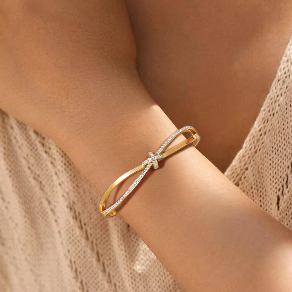 18K Gold Plated Bow Bangle Bracelet for Women Personalized Cubic Zirconia Stainless Steel Cross Bracelets Oval Butterfly Knot Bangles Bracelets Gifts for Love, Small