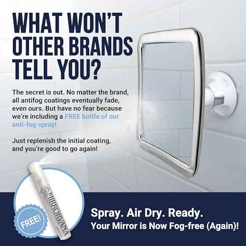 MIRRORVANA Fogless Shower Mirror for Shaving with Upgraded Suction, Anti Fog Shatterproof Surface and 360¡Æ Swivel, No Magnification, 6.3" x 6.3" (Chrome)
