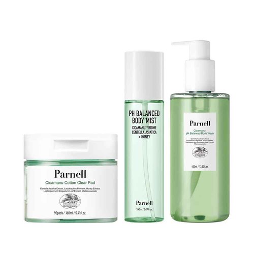 Parnell Cicamanu Body Wash, Body Mist and Clear Pad for Face and Body, for all skin types, Acne fighting, Korean Skincare, Alcohol-Free, Not Tested on Animals