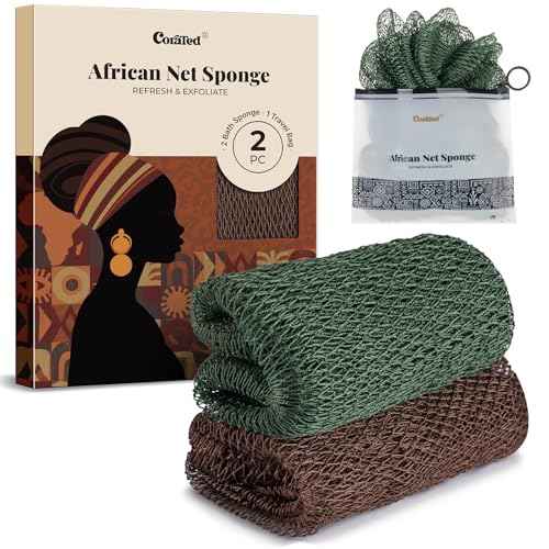 CORATED African Net Sponge Authentic, Shower Loofah Exfoliating Bath Sponge, Body Scrubber for Women and Men Daily Use Body Care, Travel Portable Bath Accessories for Bathroom (Brown & Dark Green)