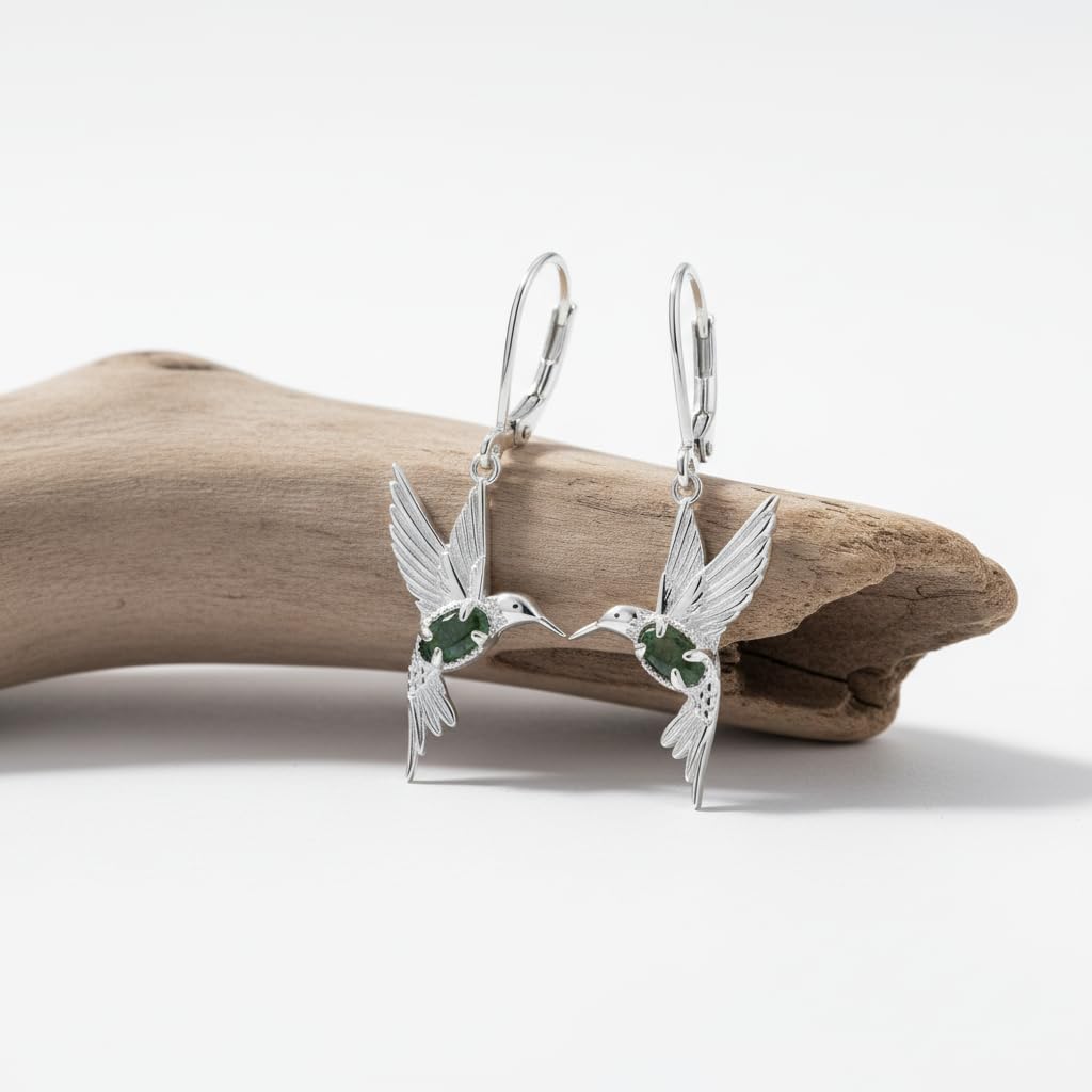 BETHZA Hummingbird Earrings 925 Sterling Silver Natural Moss Agate Hummingbirds Drop Dangle Earring Animal Jewelry Gifts for Women