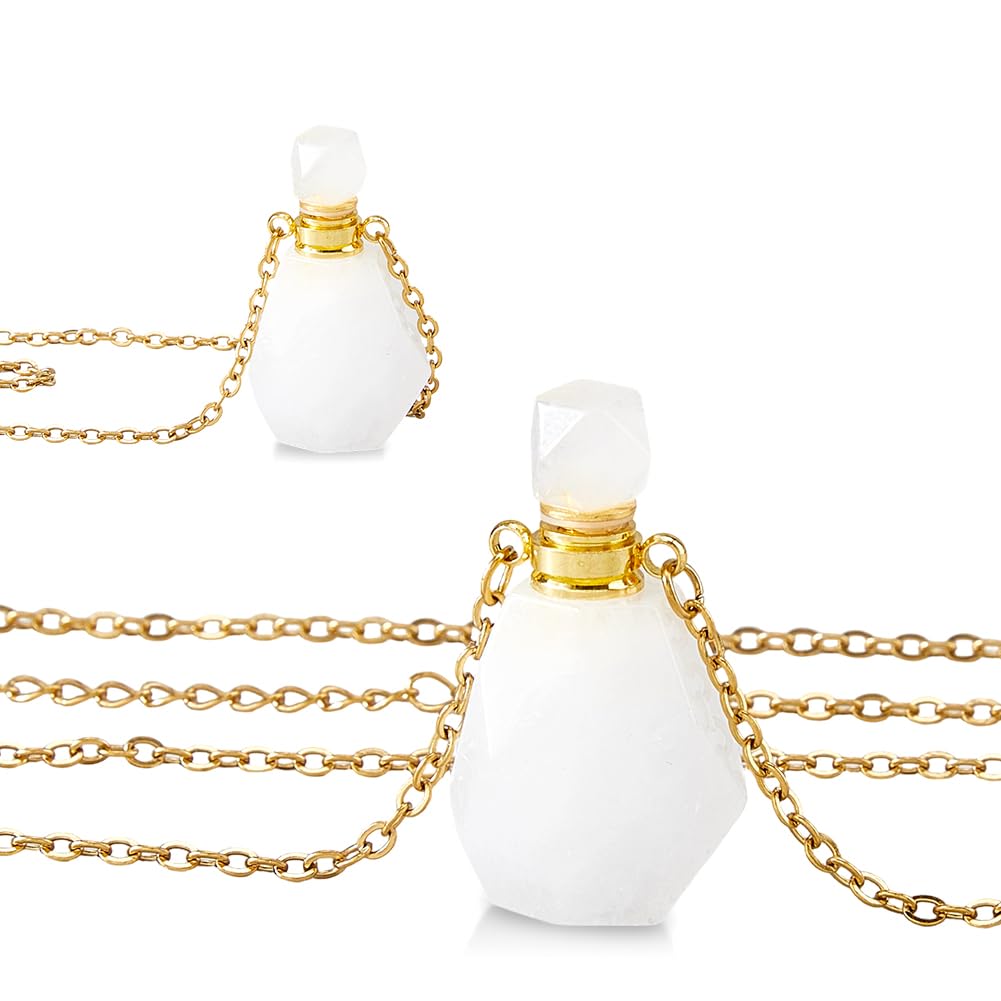 SUPERFINDINGS 2Pcs Perfume Bottle Necklace Essential Oil Diffuser Necklace White Natural Quartz Crystal Perfume Bottle Pendant with 304 Stainless Steel Chain Gemstone Vial Pendant for Woman Men