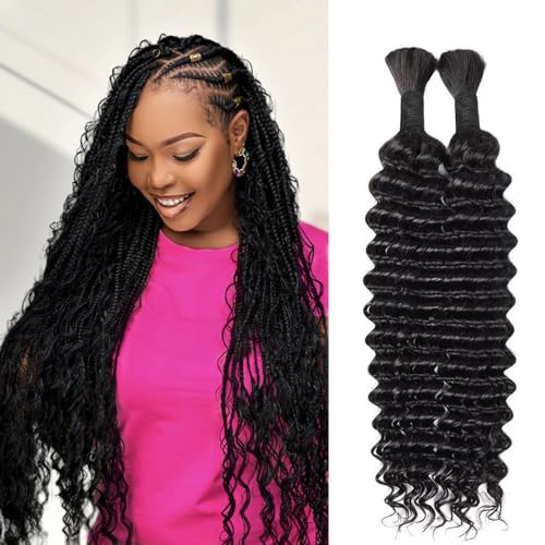 28 Inch Human Braiding Hair for Boho Braids Human Hair 100g 2 Bundles Deep Wave Bulk Human Hair for Braiding No Weft Curly Braiding Hair Bulk Hair Extensions Real Human Hair Natural Color