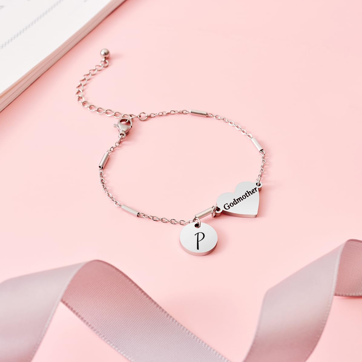 CHENVA Godmother Gifts Initial Bracelet Bangle for Women Gift for Godmother from Goddaughter (Godmother Bracelet P)