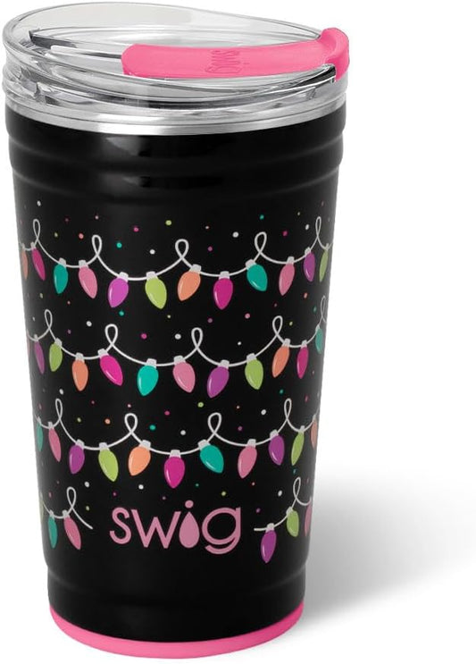 Swig Life 24oz Party Cup, Stackable Insulated Travel Coffee Tumbler with EZ Slider Lid, Cup Holder Friendly Travel, Stainless Steel 24 oz Tumbler, Reusable Mug (Tacky Lights)
