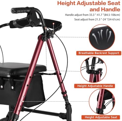 Amblisss Walkers for Seniors with Seat, Foldable Rollator Walker, 300 lbs Weight Capacity, 8" Wheels Dual Height Ajustable, Rolling Walker with Tray for All-Terrain (Red)
