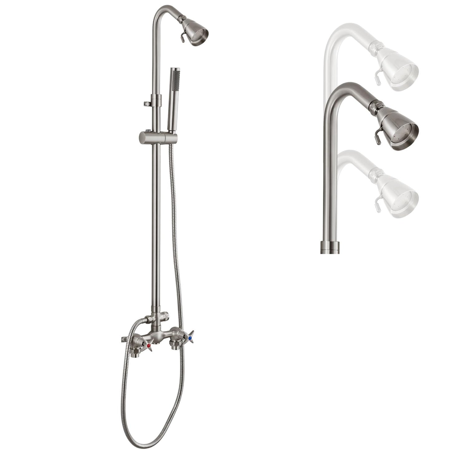 Cinwiny Brushed Nickel Wall Mounted Exposed Shower Fixtures with Hand Held Shower Head Outdoor Shower Kit 2 Cross Handles with Adjustable Slide Bar Dual Function Shower Faucet