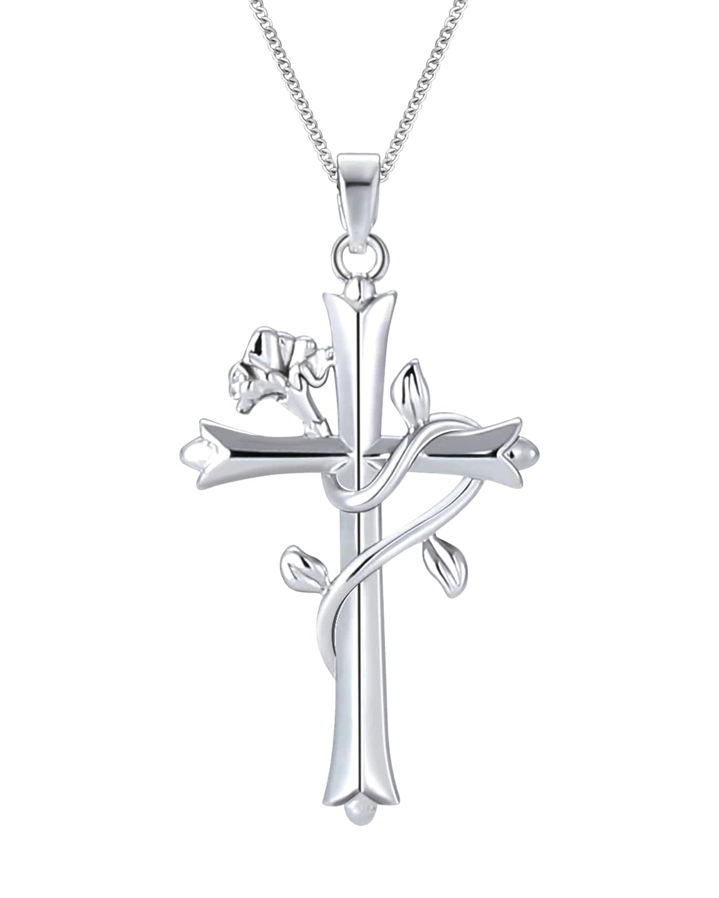 ACECHA Silver Cross Necklace for Women, Dainty Faith Cross Pendant Necklaces with Birthflower Jewelry for Mom Wife Daughter Sister | Gifts for Birthday Anniversary Christmas Easter(Carnation)