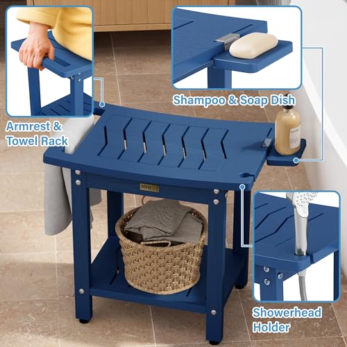 YEFU Shower Chair for Inside Shower: 21 Inch Oversized Waterproof/No Maintenance - Shower Stool with Shelf & Handle 400 LBS - Bathrooms/Outdoor - Non-Slip Easy Assemble Bench for Adult/Elderly/Navy