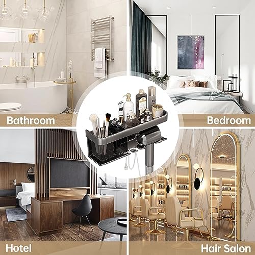 Hair Dryer Holder, Blow Dryer Organizer, Hair Dryer Holder Wall Mounted with Shelf for Bathroom, Salon, Bedroom Organizers & Storage(Matte Black)