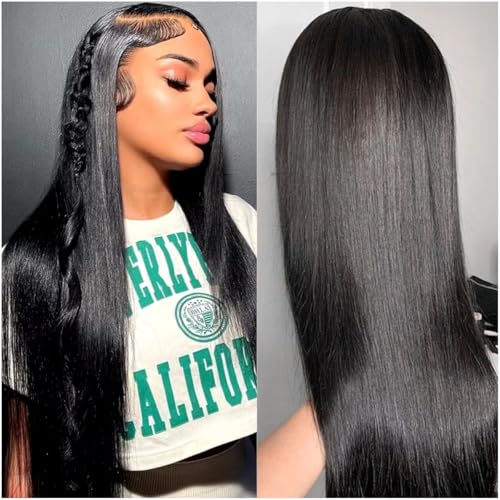 13x4 Straight Lace Front Wigs Human Hair 24 Inch Pre Plucked Human Hair Wig Glueless 180% Density HD Transparent Lace Frontal Wigs Human Hair for Black Women Natural Color(24 Inch)