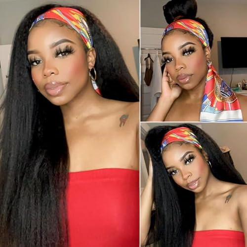 Kinky Straight Headband Wig Human Hair 22 Inch Wigs for Black Women Glueless None Lace Front Straight Human Hair Wig Wear and Go Wigs Machine Made 180% Density Natural Color