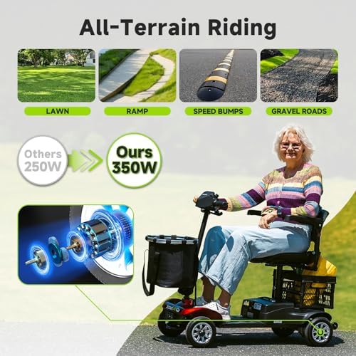 Mobility Scooters for Seniors& Adults Foldable Powered Wheelchair Device with Dual Detachable Baskets 4 Wheel Mobility Scooter with Long Travel Range (Red-Black)