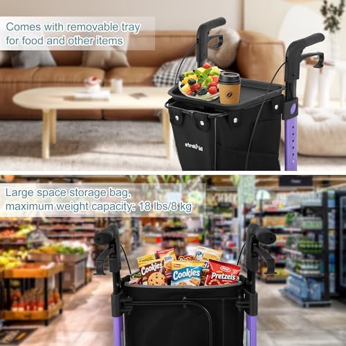 3 Wheel Rollator Walker, Walkers for Seniors, Rollator Walker Lightweight Foldable, with Tray and Large Storage Bag, 10 Inch Front Wheel for All Terrain, Purple