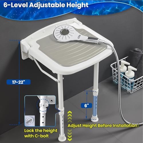 Wall Mounted Shower Seats, Support 550lbs, Adjustable Height Fold Down Shower Seat Wall Mounted, Folding Shower Bench Wall Mounted for Elderly-Adults-Pregnants-Seniors-Disabled