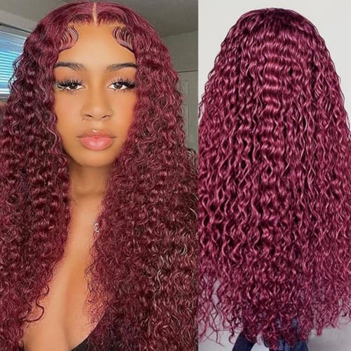 Estilar 99j 13x6 HD Lace Front Wigs Human Hair Burgundy Curly Human Hair Wig with Baby Hair 200 Density Red Deep Wave Lace Front Wigs for Women 22 Inch