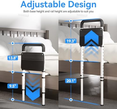 Bed Rails for Elderly Adults Safety - Height Adjustable Bedrail with Storage Pocket and Non-Slip Handle Bar for Getting in&Out of Bed, Hold up to 300LBs - Fits Twin Full Queen King,Black