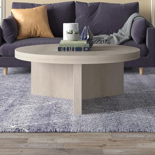 Henn&Hart 36" Wide Round Coffee Table in Beech White, for Home, Living Room, Bedroom, Entertainment Room, Office