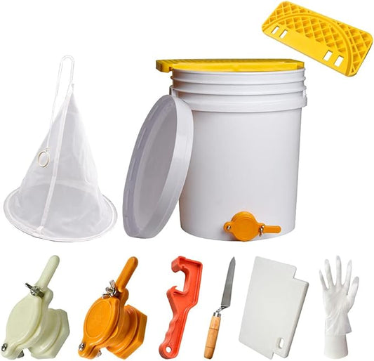 5 Gallon Plastic Honey Bucket Kit - 10pcs Honey Harvesting Tool Set with Gate Valve, Filter & Beekeeping Supplies | Home Apiary Harvesting Equipment