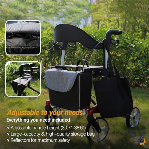 Carbon Ultralight Rollator Walker for Seniors with 2 Organizer Bags, Comes Fully Assembled, Only 13lbs Lightweight Foldable 4 Wheel Walker with Seat and Brakes, 330 lbs Capacity Rolling Walker