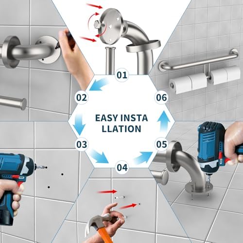 Brushed Nickel Handicap Grab Bars 24 Inch, Stainless Steel Bathroom Safety Grab Bar w/Toilet Paper Holder, Wall Mounted Tissue Paper Roll Holder, Assistance Toilet Shower Handle for Elderly Senior
