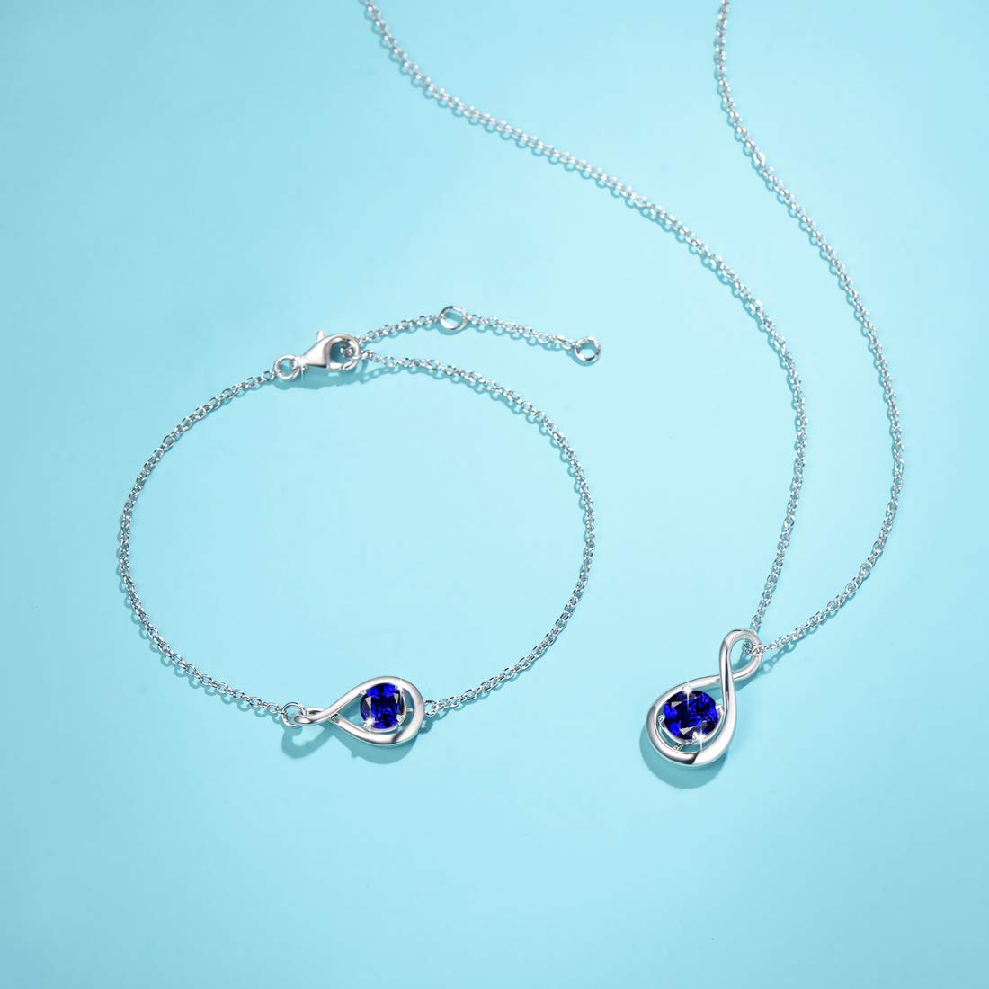 FANCIME Blue Sapphire Necklace September Birthstone for Women Sterling Silver Dainty Infinity Pendant Fine Jewelry Birthday Anniversary Graduation Mothers Day Gifts for Women Her, Chain Length 16+2"