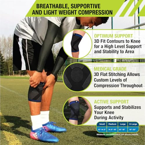 Pro-Tec Athletics 3D Flat Knee Support, Advanced Flat Knit Technology for Custom Fit, Breathable Multi-Directional Stretch Fabric, Non-Slip Gel for Enhanced Stability, Full Motion, Large, Blue/Black