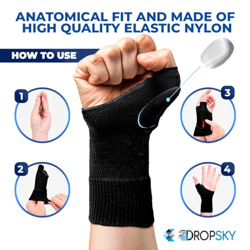 DropSky [4pcs] Gel Wrist Thumb Support Braces Soft with Gel Pad, Breathable Design, Relief Pain Carpal Tunnel, Arthritis Thumb, Fits Both Hands, Lightweight Support (Black)