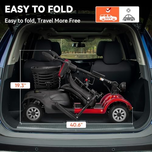 4 Wheel Compact Mobility Scooter for Seniors and Adults,Foldable Electric Scooter, Heavy Duty Travel Model with Lights, Basket, and Long-Lasting Battery (Red)