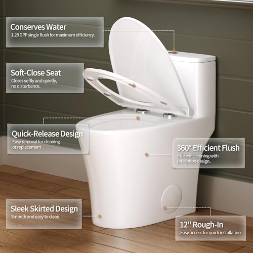 DeerValley Compact One-Piece Toilet 1.28 GPF Single Flush Fully Skirted Bowl with Soft-Close Seat White Space-Saving Elongated Toilets for Small Bathrooms
