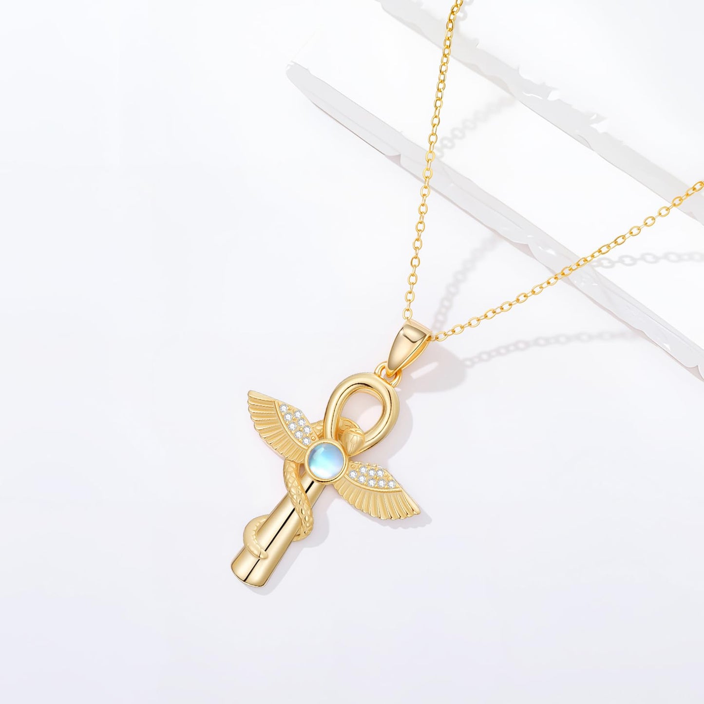 YEESIA Cross Necklace for Men Women, 925 Sterling Silver, Gold Anka Cross Pendant Necklace with Moonstone, Egyptian Protective Jewelry Gift for Men Women