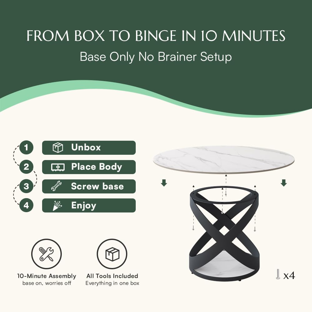 POVISON 51" Modern Dining Table, Glossy White Round Dining Table for 6, Sintered Stone Dining Tabletop with Black X Carbon Steel Base (Table Only)