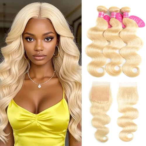 613 Human Hair Body Wave Blonde Bundles with Closure (12 14 16 +10 Inch) 100% Unprocessed 12A Grade Brazilian Virgin Hair Extensions bundles with 4 X 4 Lace front Free Part for Women