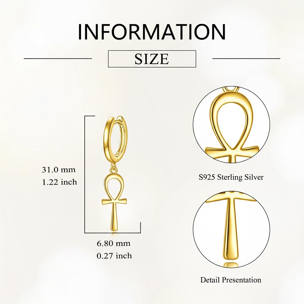 POPLYKE 18k Gold Plated Ankh Hoop Earrings for Women 925 Sterling Silver Egyptian Cross Dangle Earrings Ankh Jewelry Gifts