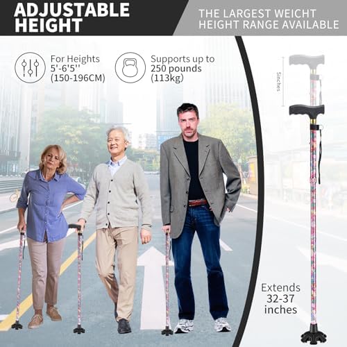 Walking Cane ATMTV Cane for Woman | Mobility & Daily Living Aids | 5-Level Height Adjustable Walking Stick | Comfortable Plastic T-Handle Portable Folding Cane with Replace Tip Purple Flower