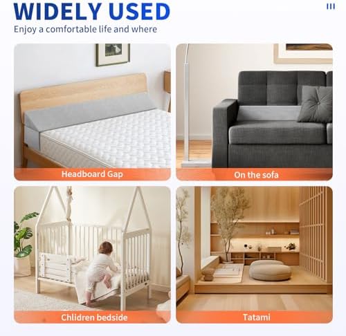 Bed Wedge Pillow for Headboard Gap, Queen Size Bed Wedge Gap Filler Mattress Wedge Filler(0-8") Triangle Bloster Pillow Wedge with 2 Side Pocket (60"x10"x6")