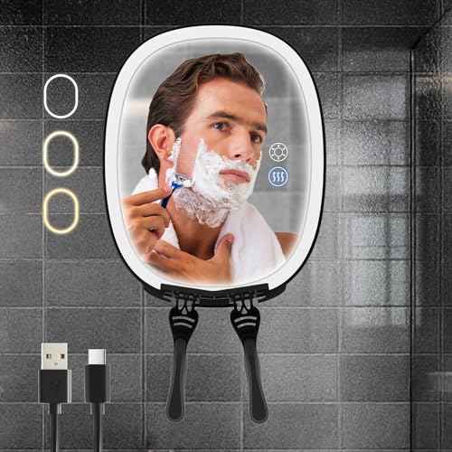 VOCOSTE Shaving Mirror for Shower Fogless, Heated Anti-Fog Mirror with 3-Color Dimmable LED Lights, 360¡Æ Rotation & 2 Weeks Runtime 5000mAh, Shower Mirror for Shaving Men, 2 Razors Holders