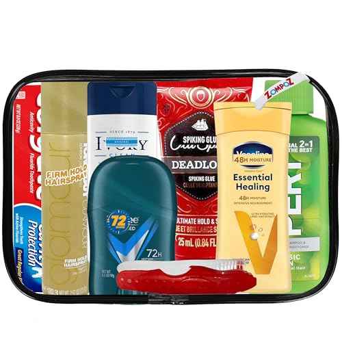 ZompoZ-Travel Toiletries Kit Gift for Men, Travel Bag of Essentials for Bath, Shaving and Personal Care, 8 Mini TSA Approved Items in Reusable Zipper Bag, Mini Toiletries Gift for Him, for On-The-Go