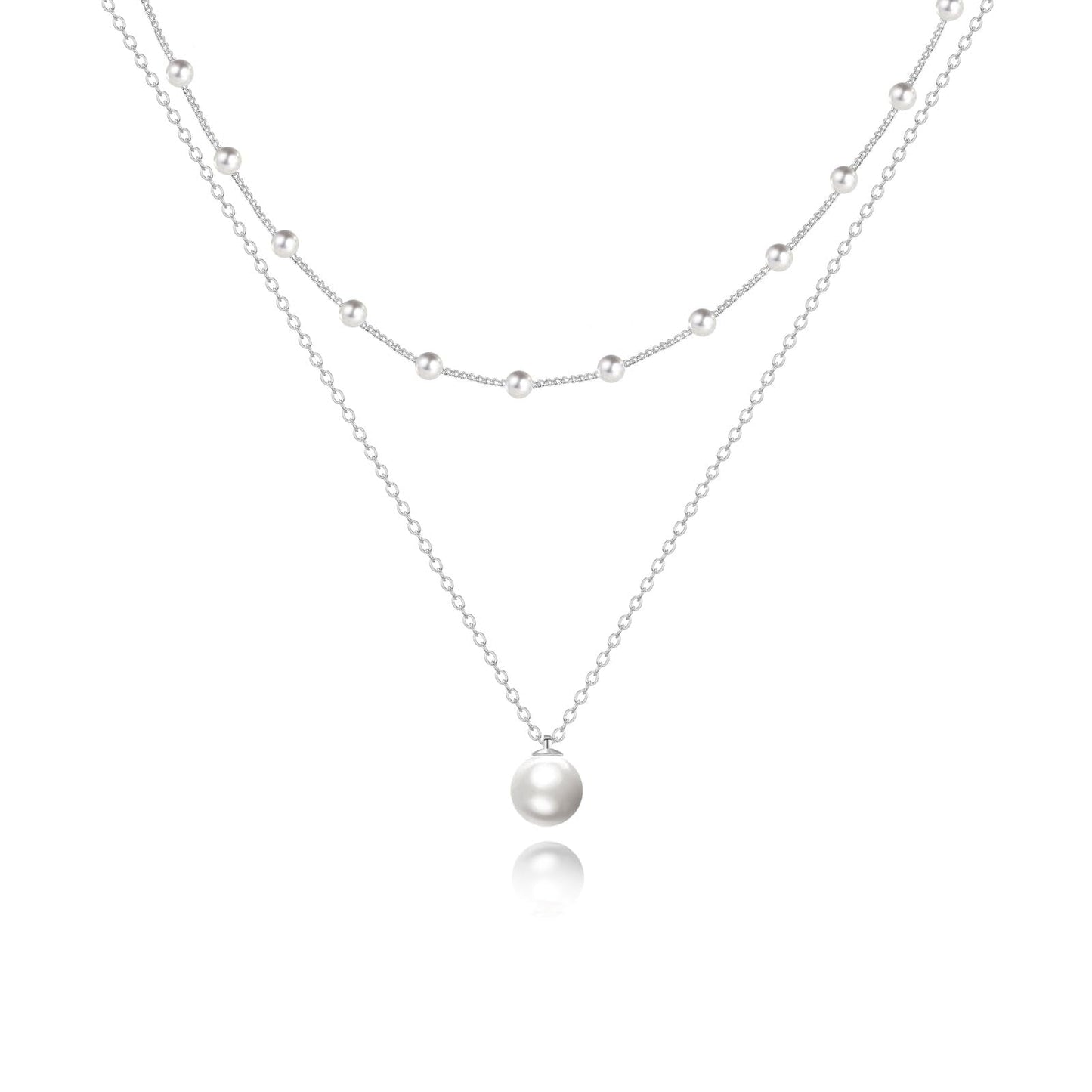 Zeffy Layered Silver Pearl Necklaces for Women Dainty Layered Tiny Single Pearl Choker Trendy Cute Silver Necklace Stack Wedding Jewelry Sets for Women Bridesmaid Gifts 2PCS
