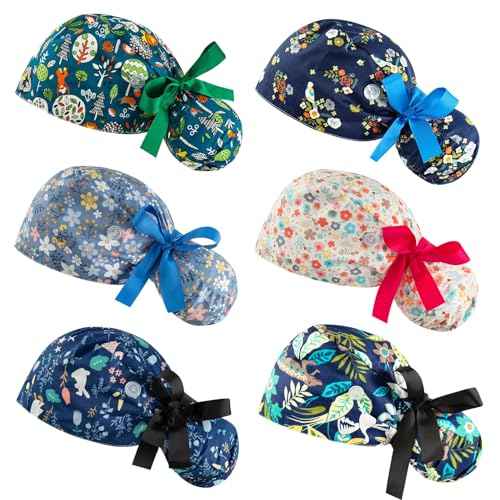 Scrub Caps Women Bouffant Scrub Hats Caps Nurses, Adjustable Working Cap Ponytail Pouch Tie Back Hats