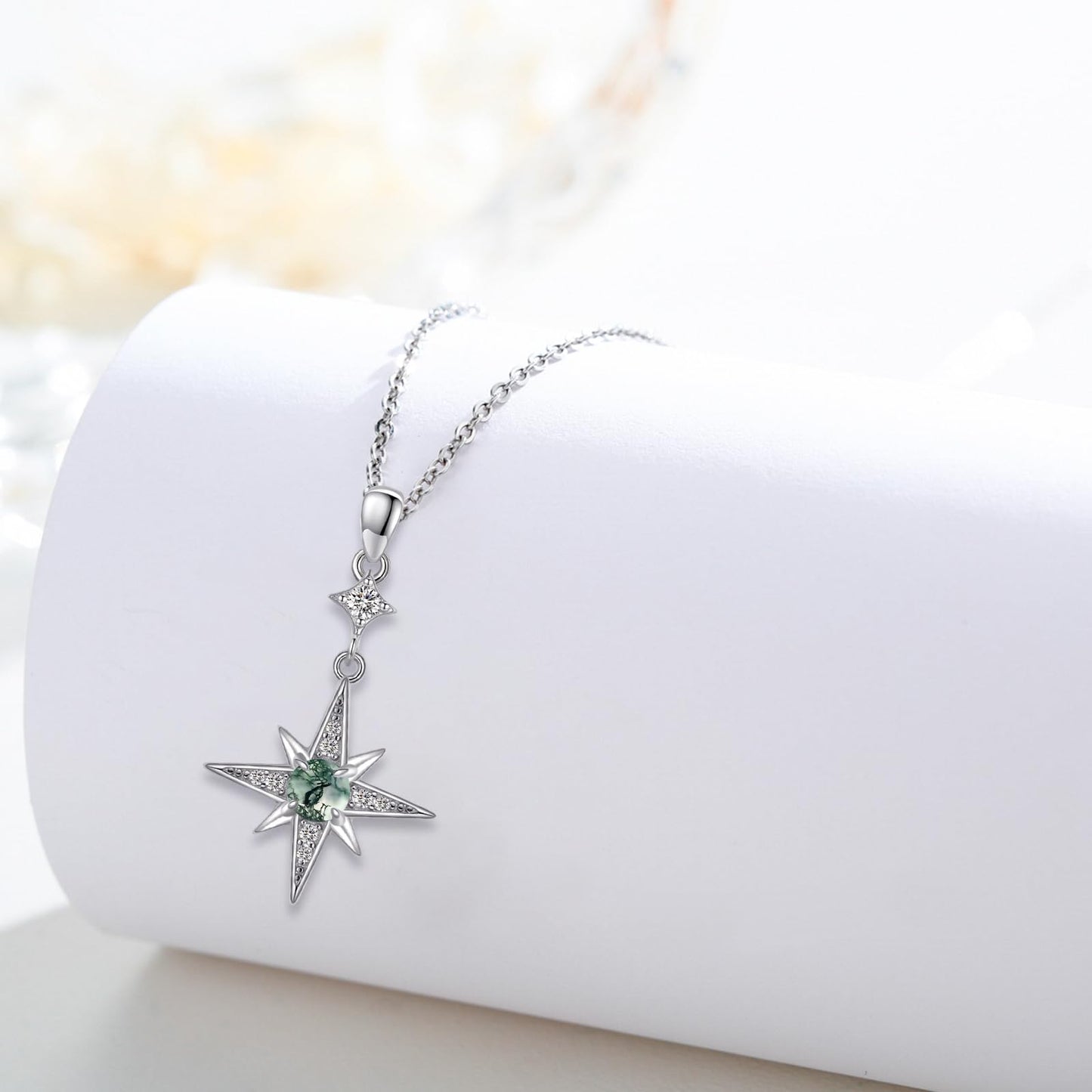 Silikepa Star Necklace for Women 925 Sterling Silver North Star Pendant Necklace with Moss Agate Jewelry Gift for Women