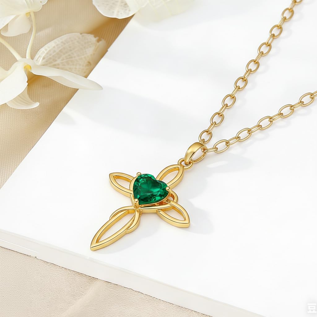 POIUY 14K Gold Celtic Knot Cross Birthstone Necklace for Women Irish Infinity Heart Pendant Cross Jewelry Anniversary Valentines Birthday Mothers Day Gifts for Mom Wife Her