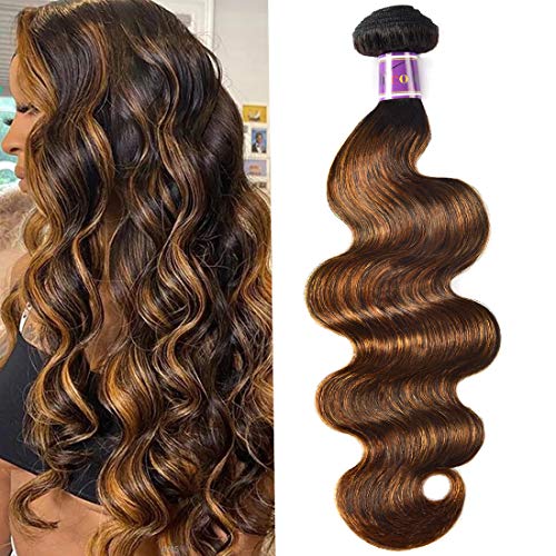 UNice Ombre Brown Highlight Body Wave Human Hair Weave 1 bundle 24 inch, Brazilian Remy Hair Dark Root Blonde Human Hair Weaves Extension Piano Color TFB30