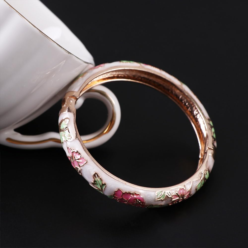 Cloisonne Bangle Colorful Enamel Peony Flower Chinese Filigree Flower Bracelet Traditional Handicraft Ethnic Bangles for Women Gifts Bracelet Gifts, Random Color