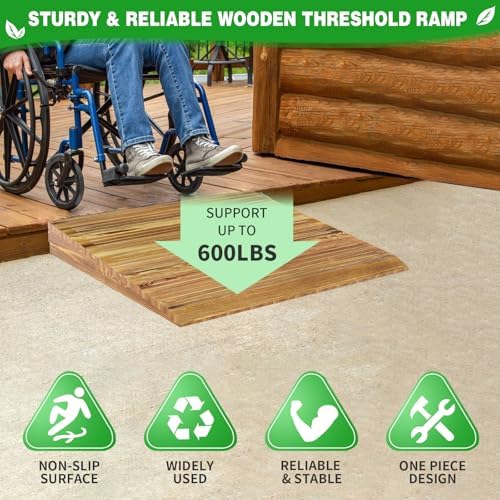 Wooden Threshold Ramp for Home Steps, 5" Rise Doorway Ramp with Non-Slip Grooves, Door Ramp for Wheelchair/Walker/Cart/Scooter, (31.4 W*5.0" H, Solid Pine Wood, 600LBS Capacity)
