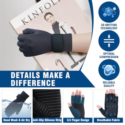 2 Pairs Pack Compression Gloves for Women Men, Copper Arthritis Gloves for Hand Pain Relief, Carpal Tunnel Wrist Support, Rheumatoid, Joint Swelling,Fingerless for Computer Typing(Large/X-Large)
