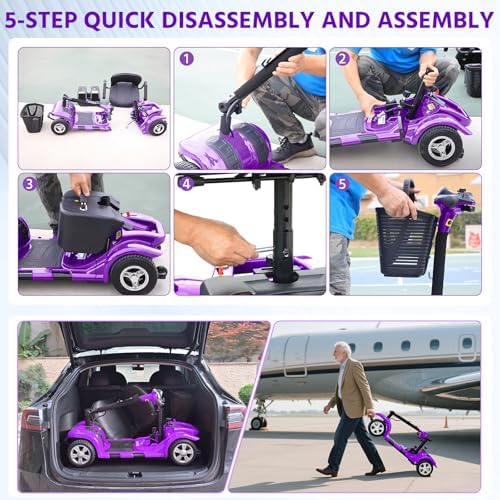 Mobility Scooter for Seniors, Adults, 4 Wheels Removable Electric Powered Chargeable Device, Foldable and Portable, with LED Headlights and Basket, Charger Include (Purple/Black)